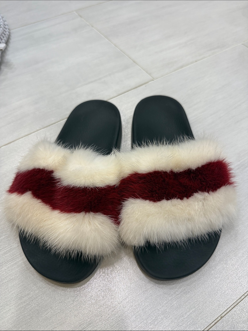 Givenchy Cream & Burgundy Fur Slide Sandals